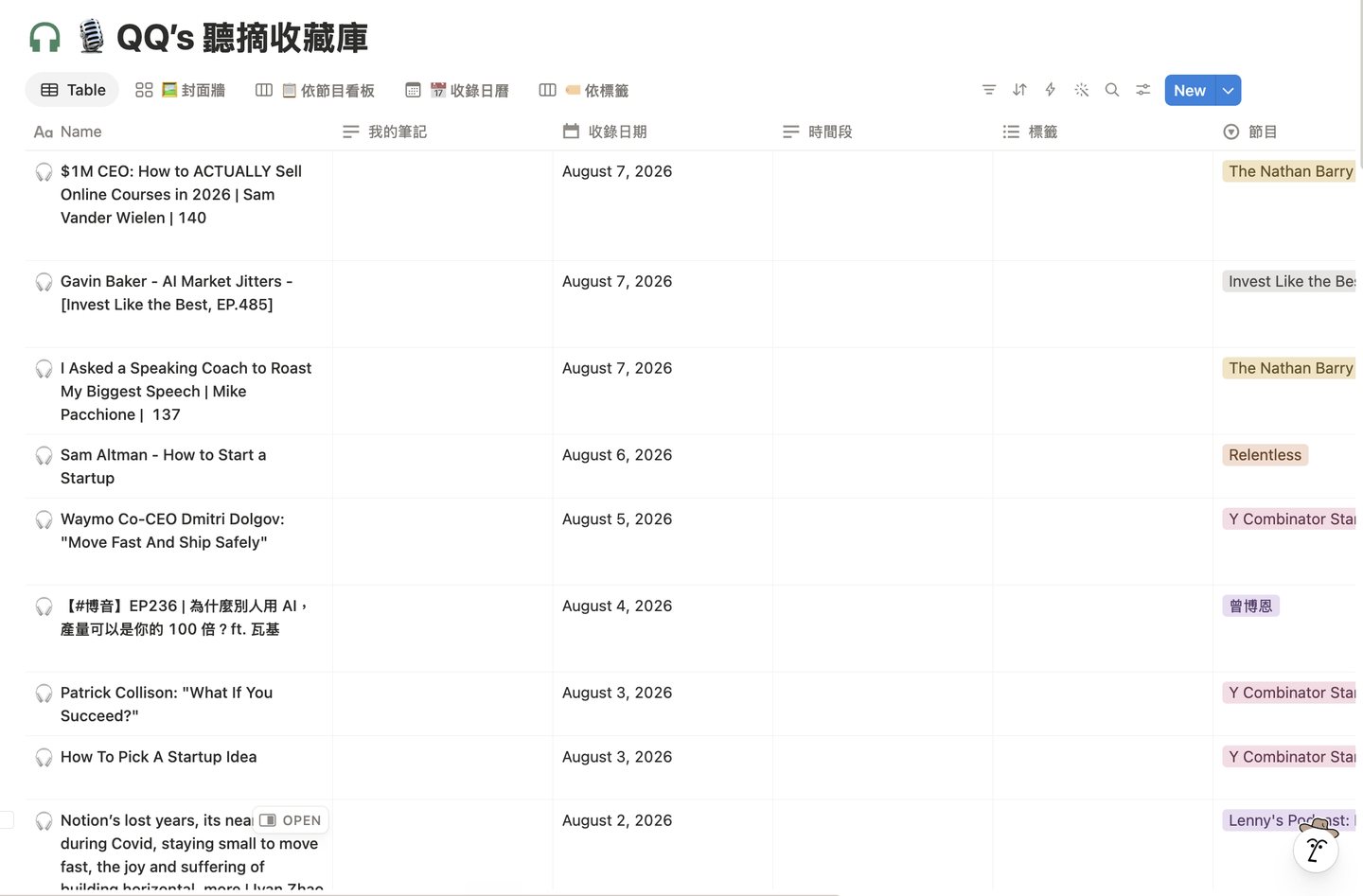 聽摘同步到 Notion 的表格檢視，含收錄日期、時間段、標籤、節目等欄位